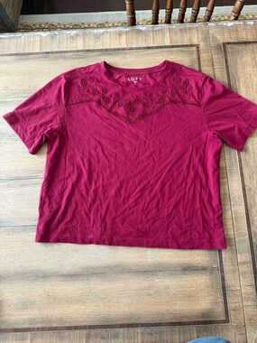 LOFT Burgundy Short Sleeve Embroidered Yoke Tee